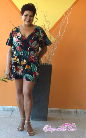 Plus Surplice Neck Flutter Sleeve Tropical Romper