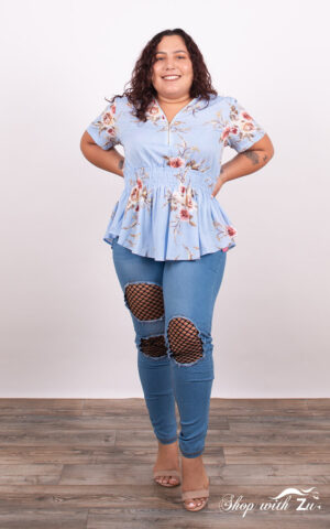 Zipper Floral Print Shirred Blouse