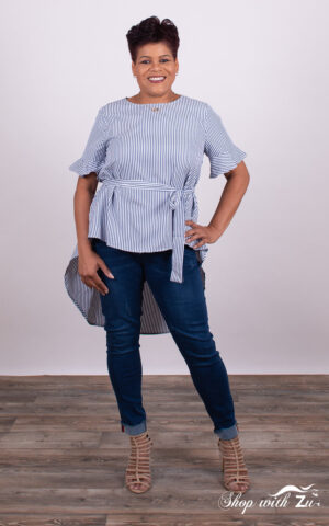 Striped High Low Hem Belted Blouse