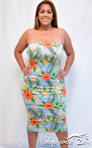 Light Blue/ Orange Flower Printed Tube Dress