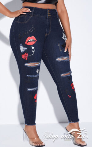 Heart Print Ripped Jeans (dark blue)